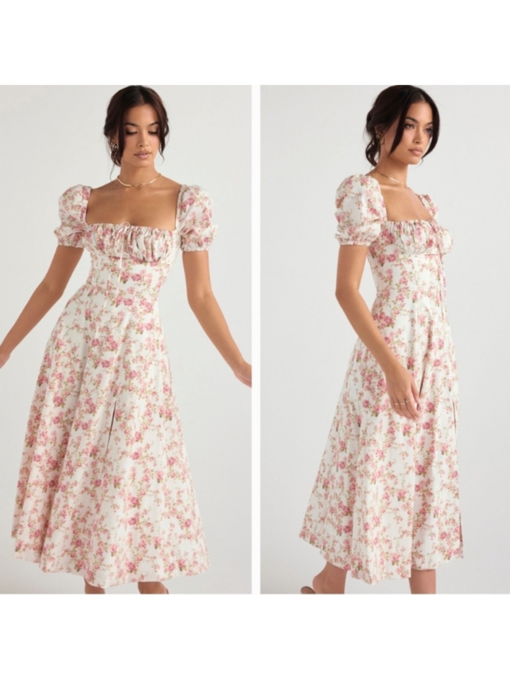Tallulah Floral Puff-Sleeve Midi Dress in Pink